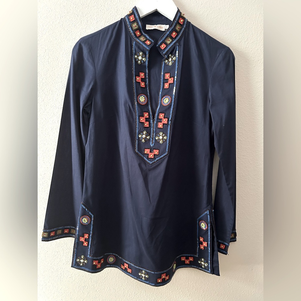 Tory Burch Dark Blue Embroidered Tunic